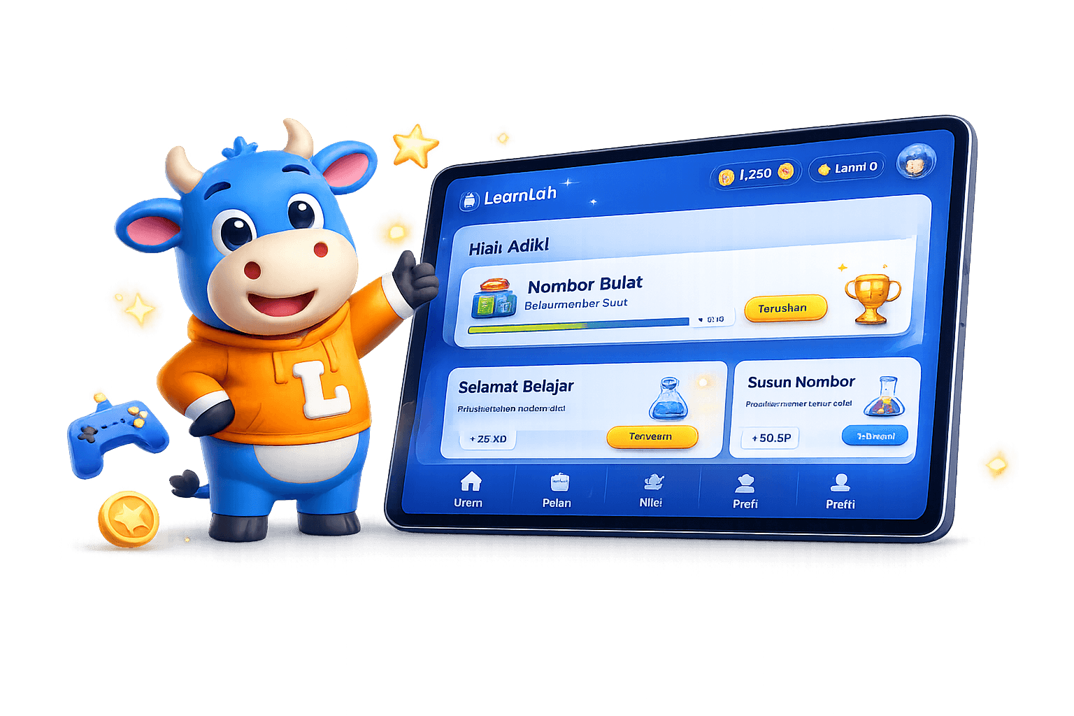 Maskot LearnLah menunjukkan pembelajaran dalam aplikasi