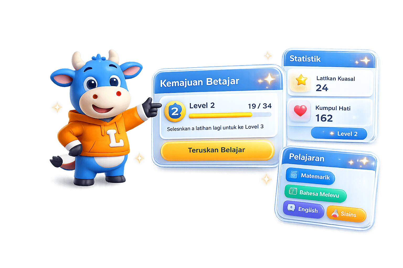 Maskot LearnLah menunjukkan progress pembelajaran